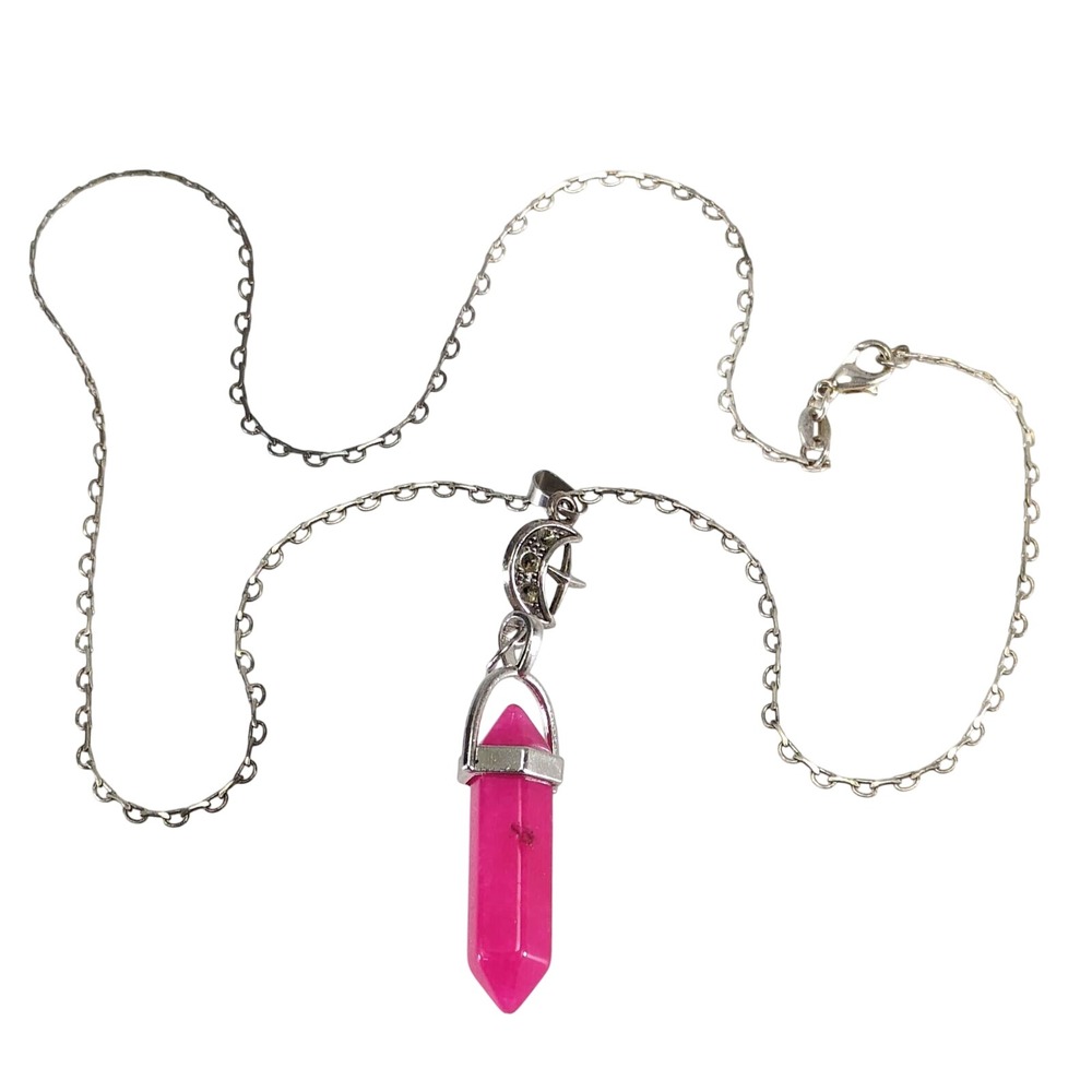 Hot Pink Crystal Point Moon Pendant Necklace Silver Tone 17" Chain Celestrial